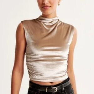Abercrombie & Fitch Paloma Beige Cream Velvet High Neck Ruched Tank Top